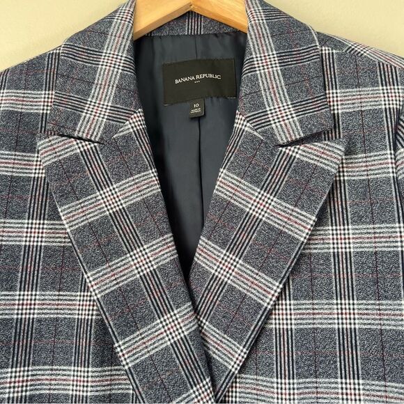 Banana Republic Women's Blue White Plaid Academia Career Blazer Jacket SZ 10 - Picture 2 of 11
